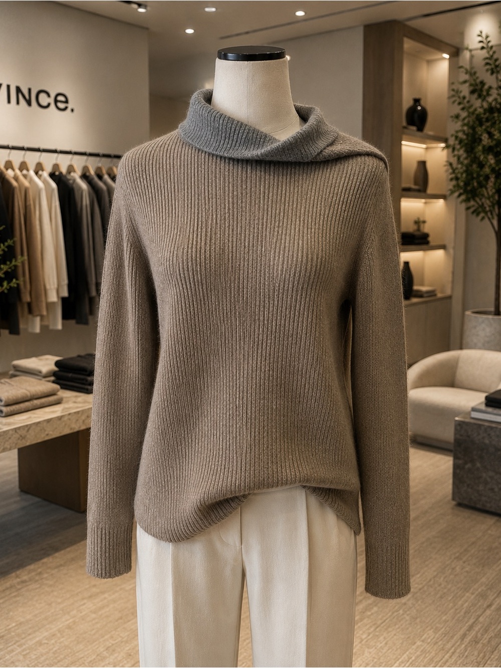 Vince Wool Cashmere Ribbed Mock Neck Sweater M Taupe Roll Collar Luxe Knit - Picture 1 of 9